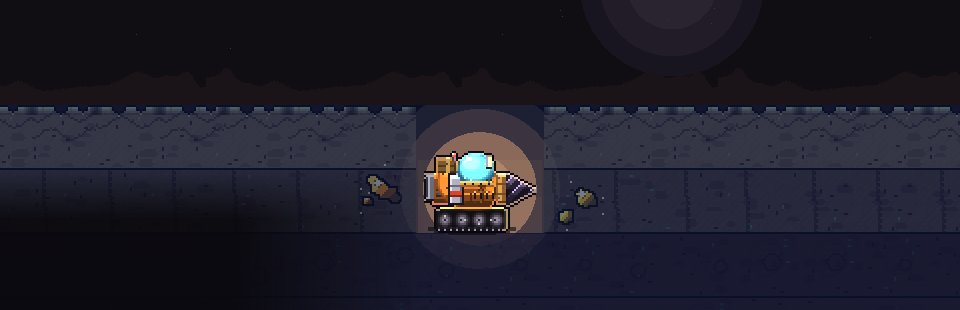 A mining pod with a drill and a glass canopy sits in a lit shaft cut through layered rock, under a dark sky with a large planet.