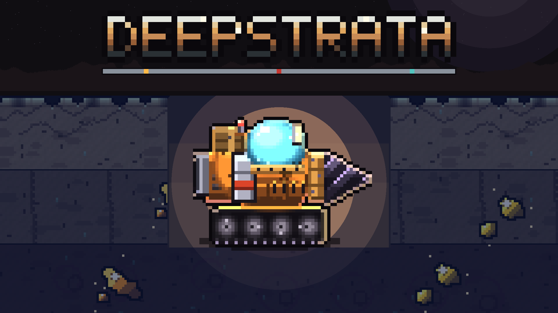 Deepstrata key art: the game's title above a mining pod sitting in a shaft cut through layered rock.