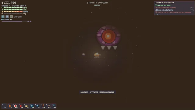 The STRATA-9 Guardian asleep in its chamber, with the offering it wants shown below.