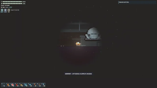 The Proving Sentinel asleep in its vault. The caption reads: Dormant, offering: 8 Cuprite needed.