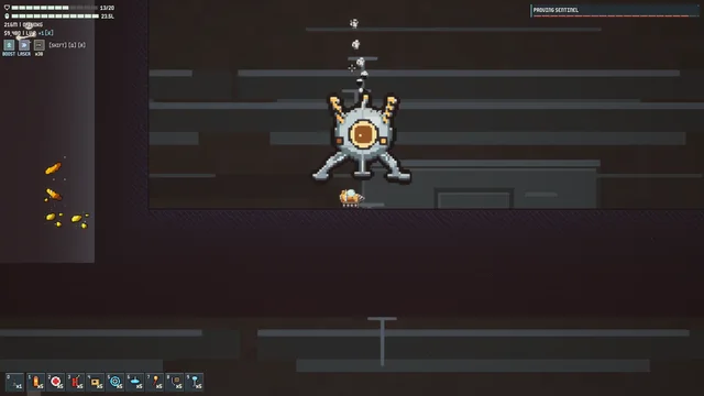 The Proving Sentinel awake, firing a volley while the pod shoots back from below.