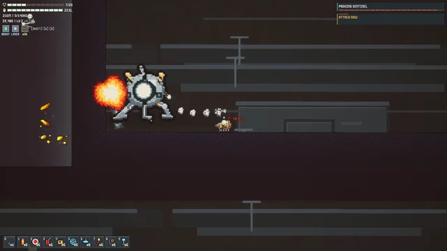 The Proving Sentinel firing at the pod at close range.